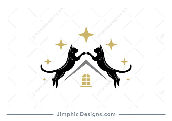 Two charming cats jumping towards each other creates the shape of an iconic roof.