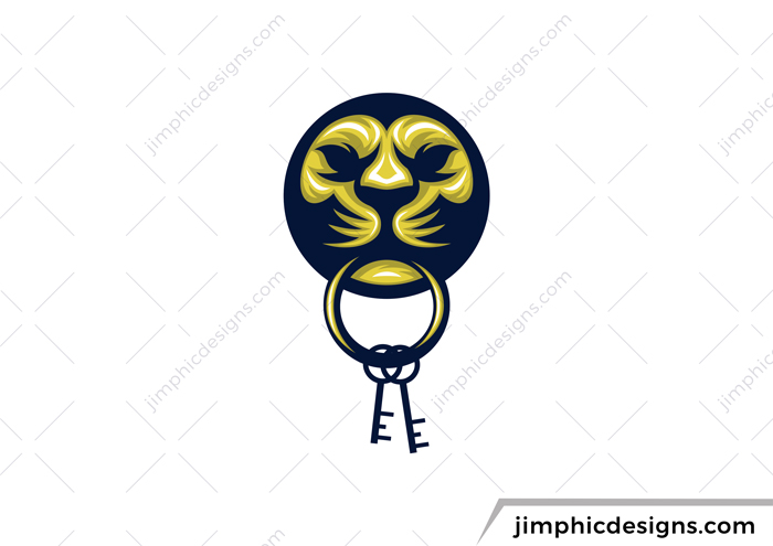 Round design with a lion face biting down on a set of keys.