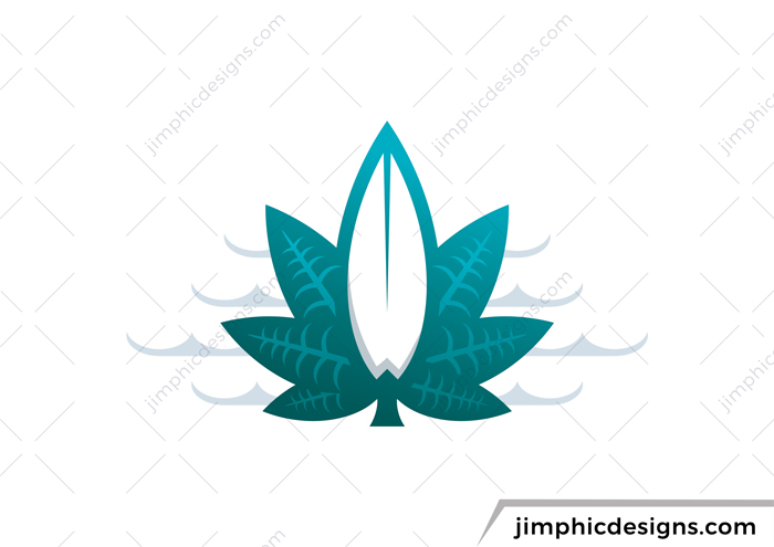 Modern and iconic cannabis leaf design shape around a surf board.