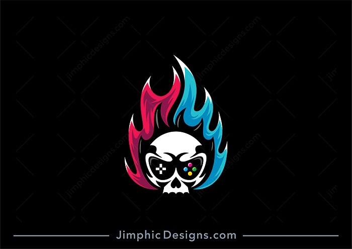 Angry looking skull with an iconic game controller used as negative space for his eyes with two flames burning from the skull.