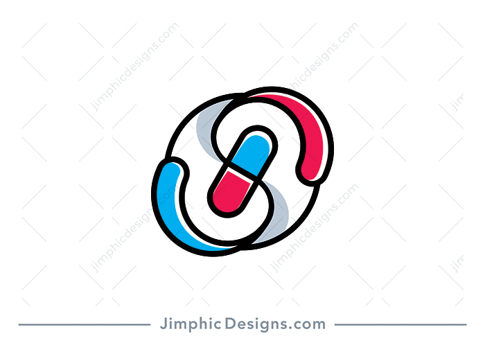 Modern medical pill design in the center with two abstract graphics swinging to opposite sides creating the letter S.