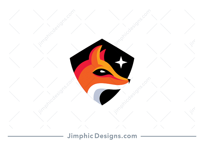 Modern fox head design inside a simplistic crest shape featuring a big bright star.