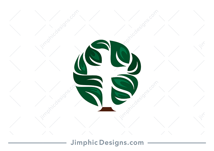 Modern and elegant Christian cross is shaped with negative by leaves arranged in a circle. 