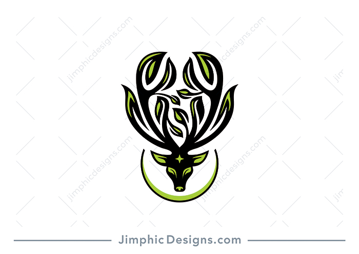 Modern and smooth deer with big horns are shaped into nature leaves with a slight green glance. 