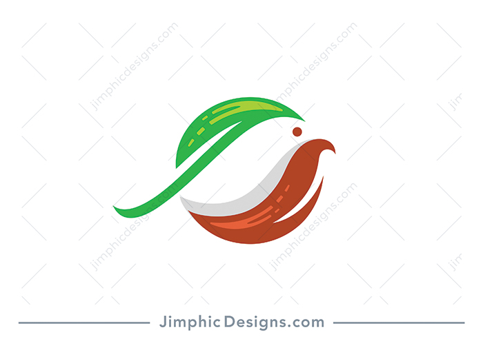 Modern and simplistic bird is shaped inside a circle with two leaves.