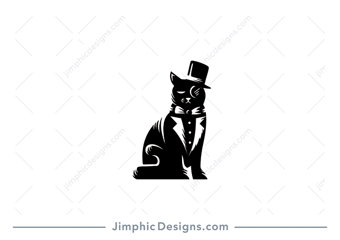 Modern cat with top hat and suit sitting.