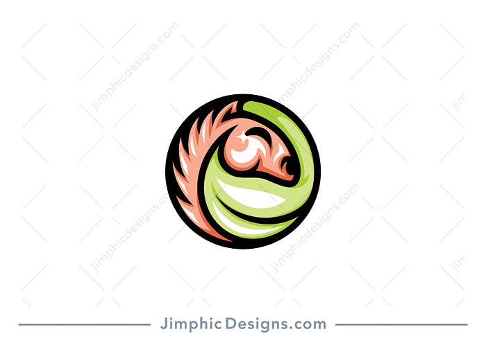 Modern and simplistic horse smiling inside a circle shapes a green leaf.