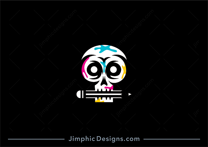 Modern and charming skull biting down on a pencil with paint splatters over his face.