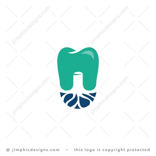 Roots Tooth Logo logo for sale: Big tooth shapes a negative space tree trunk in the center with roots going into the ground below.