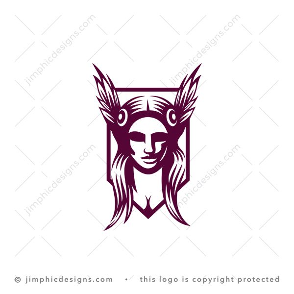 Valkyrie Logo logo for sale: Modern Norse mythology valkyrie figure is shaped inside a iconic crest shape.