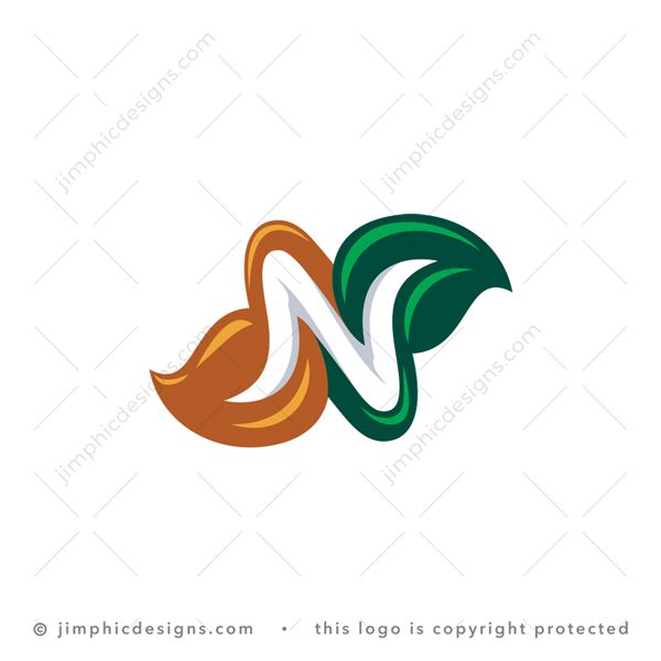 Nature N Logo logo for sale: Two sleek leaf designs folding in opposite direction creates a white negative space letter N.