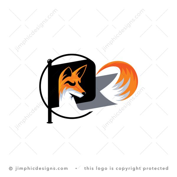 Fox Flag Logo logo for sale: Modern fox head with a fierce look on his face is shaped inside a flag with his tail creating the fin shape on the end of the flag.