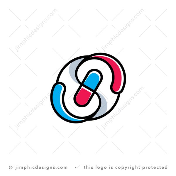 S Pill Logo logo for sale: Modern medical pill design in the center with two abstract graphics swinging to opposite sides creating the letter S.