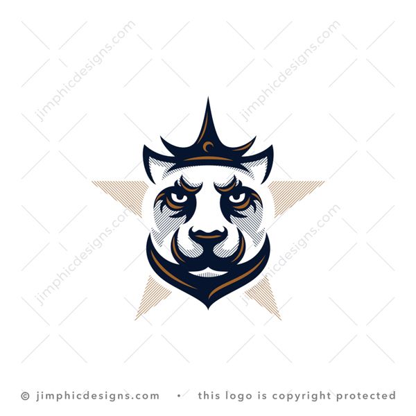 Tiger Logo logo for sale: Modern tiger head design with a crown shaped on his head between his ears.