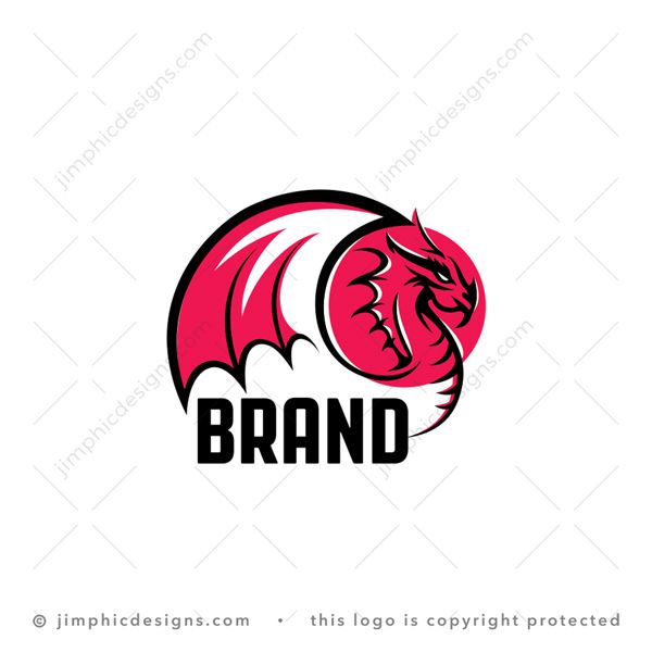 Dragon Logo logo for sale: Sleek dragon with his wings open and his head in front of a big round sun.