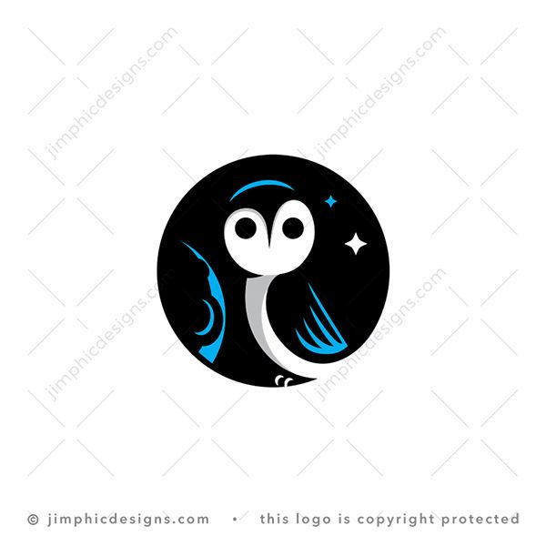 Curious Owl Logo logo for sale: Modern and clean owl sitting in the night time with the moon and stars in the background, lifting his one eye brow.