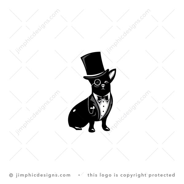 Dog Logo logo for sale: Simplistic dog design sitting with a big top hat on his head.