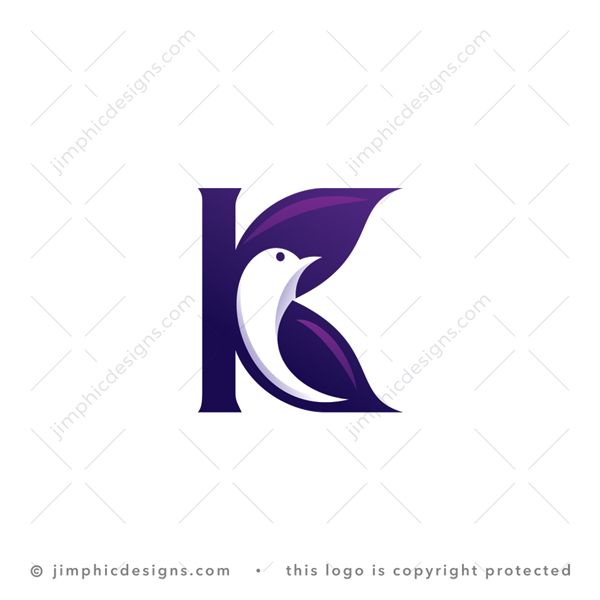 K Bird Logo logo for sale: Modern and smooth uppercase letter K is shaped with a bird inside.