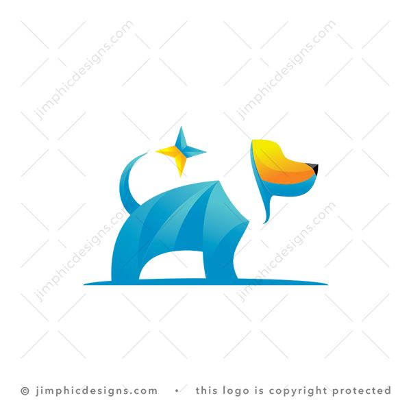 Dog Logo logo for sale: Modern and simplistic dog is shaped with a negative space ear and star touching the tail.