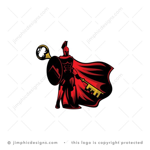 Key Warrior Logo logo for sale: Modern spartan warrior wearing a cape floating in the wind is holding an oversized key.