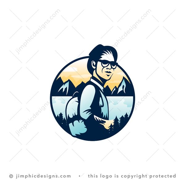 Travel Logo logo for sale: Modern travel design featuring a smiling person wearing a hat with sunglasses and a backpack. The background scenery features forest trees, a big lake and tall mountains in the distance.