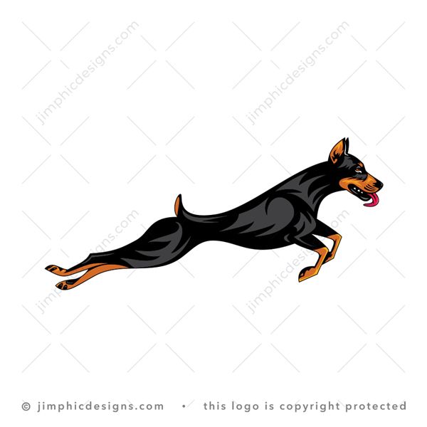 Doberman Pinscher Logo logo for sale: Elegant Doberman dog stretched out in the air as he is in a jumping motion.