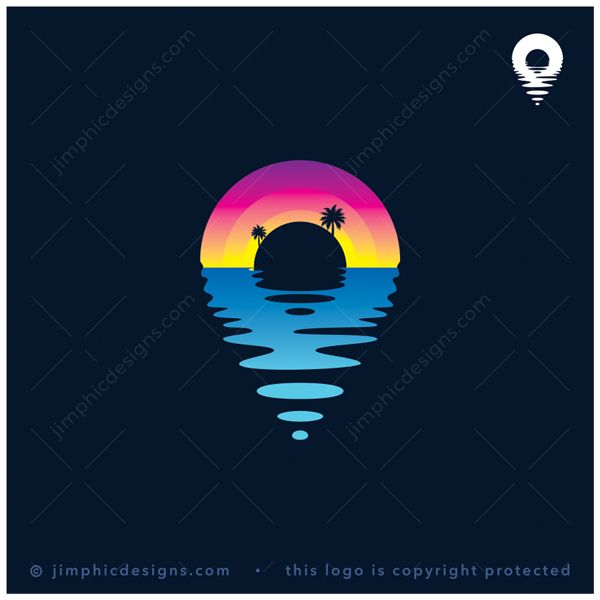 Holiday Marker Logo logo for sale: Iconic location marker is shaped with a beautiful scenery sunset of a island in the middle of the ocean.