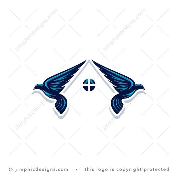 Bird House Logo logo for sale: Two modern birds flying with their wings spread wide creates the shape of a white negative space house.