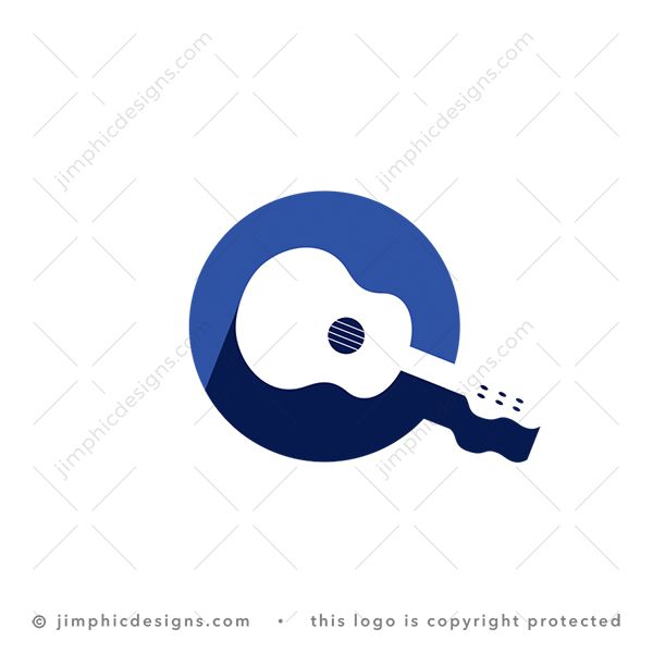 Letter Q Guitar Logo logo for sale: Modern and very simplistic uppercase letter Q design is shaped with a big negative space guitar inside.