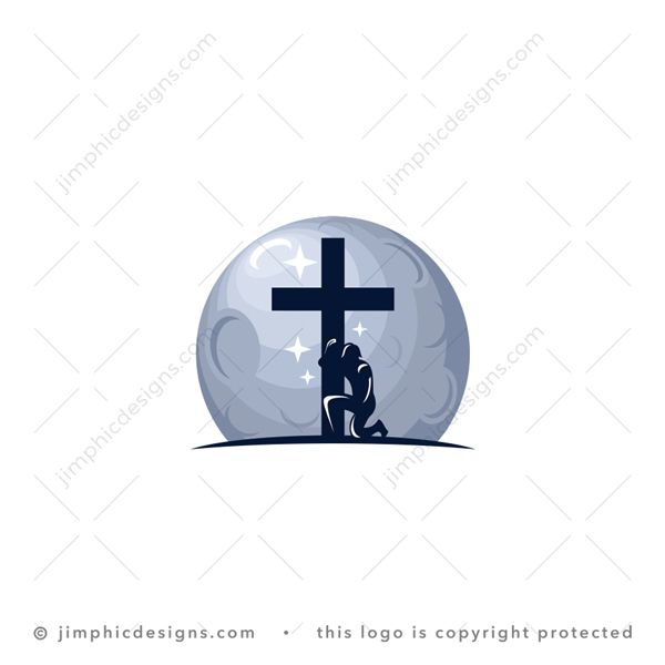 Church Logo logo for sale: Christian cross standing tall with a big moon in the background featuring a person on his knees holding the cross with his one hand.