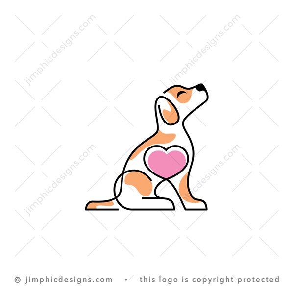 Love Dog Logo logo for sale: Elegant dog in a sitting position is shaped with line graphics that ends with a big heart in the center of the dog.