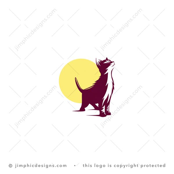 Cat Logo logo for sale: Modern and detailed cat design with his head held high standing in front of a sun.