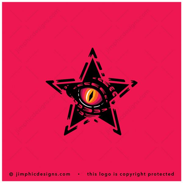 Dragon Eye Star Logo logo for sale: Five point star featuring a big dragon eye in the center with a bold outline around the star.