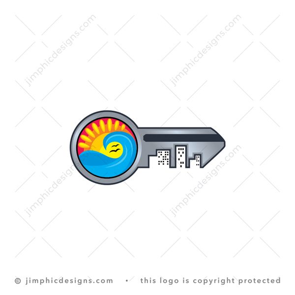 Coastal Key Logo logo for sale: Iconic key design with a coastal scene featuring waves and the sun inside the circle.