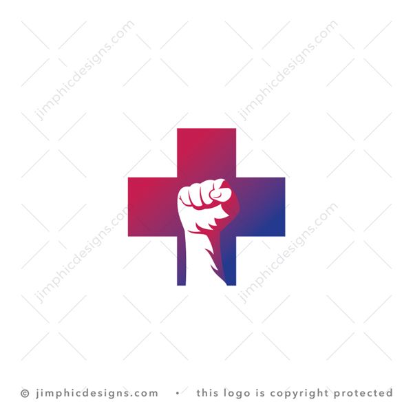 Strong Medic Logo logo for sale: A simplistic medical cross design features a white negative space hand in a fist.