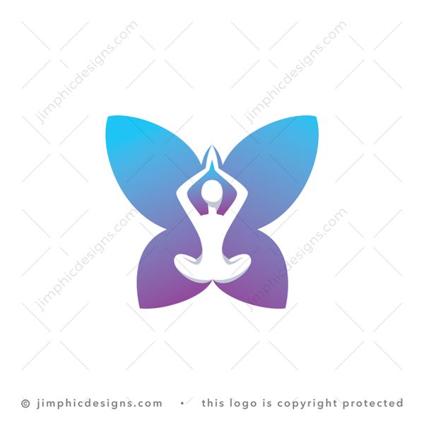 Butterfly Yoga Logo logo for sale: Modern and clean butterfly design featuring a person inside sitting in a yoga position.