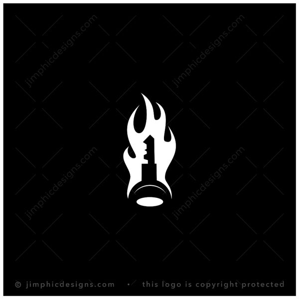 Flame Key Logo logo for sale: Modern and smooth flame in burning motion shaping a negative space key inside.