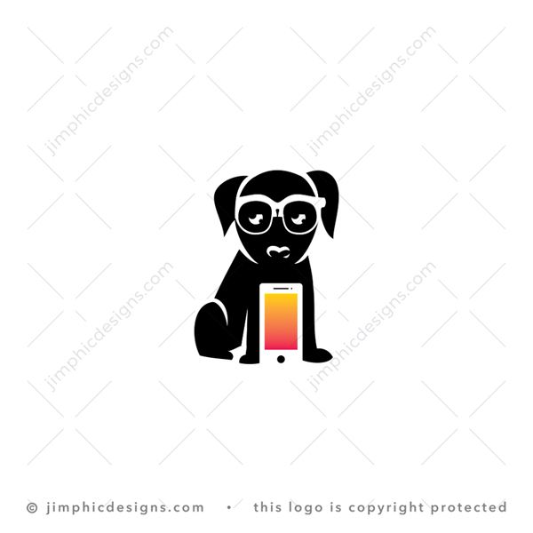 Phone Dog Logo logo for sale: Simplistic dog with big IT glasses on his face shapes a cell phone between his front legs.