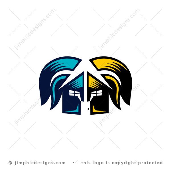 Warrior House Logo logo for sale: Two bold warrior face shields facing each other creates an iconic house graphic.