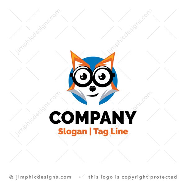 Nerdy Fox Logo logo for sale: Smiling and positive fox animal inside a circle with oversized glasses on his face.