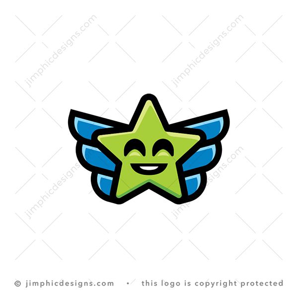 Star Logo logo for sale: Modern smiling star with a big smile on his face and wings.