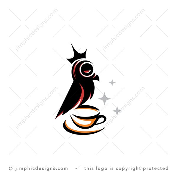 Coffee Bird Logo logo for sale: Modern bird with a crown on his head sitting on a coffee cup.