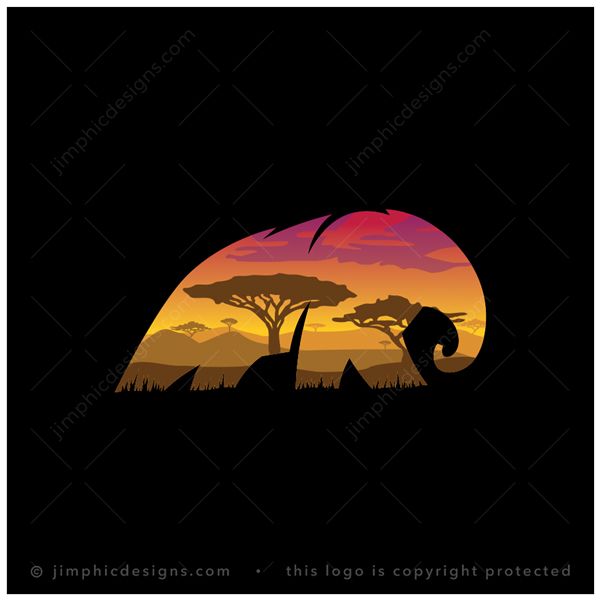 Elephant Logo logo for sale: Modern elephant design as an outline have a scene from a typical African country.