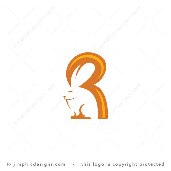 R Rabbit Logo logo for sale: Very simple and elegant bunny sitting calmly, with a smile in his eye. The backside of the bunny creates the shape of a uppercase letter R.