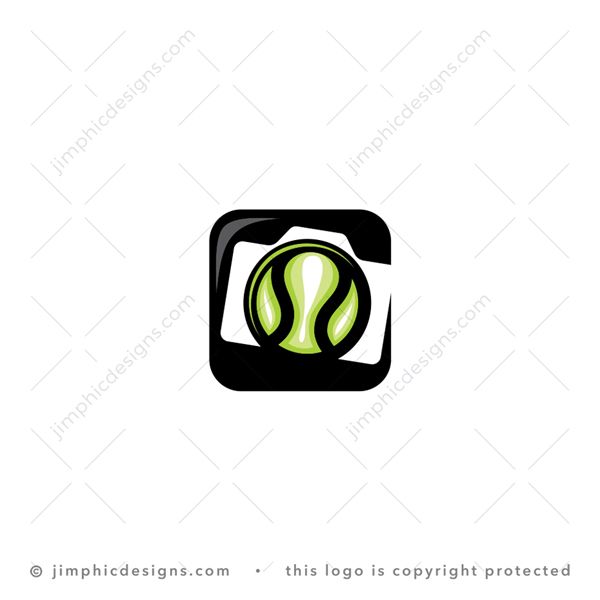 Sport Photo Logo logo for sale: App like box featuring a negative space camera shape and a big tennis ball in the lens.