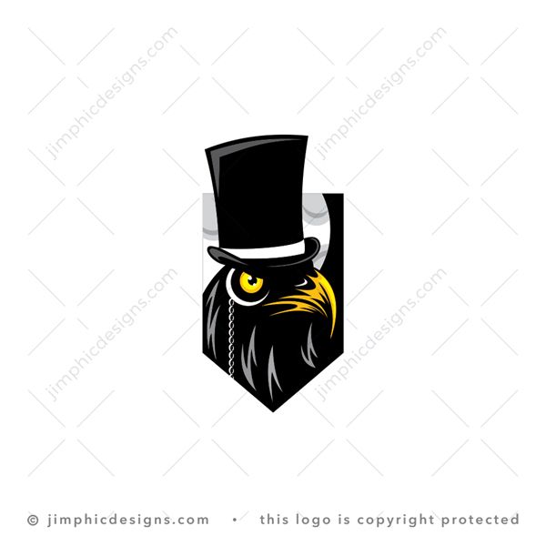 Eagle Logo logo for sale: Modern eagle head design featuring a big top hat on his head inside a crest with the moon in the background.