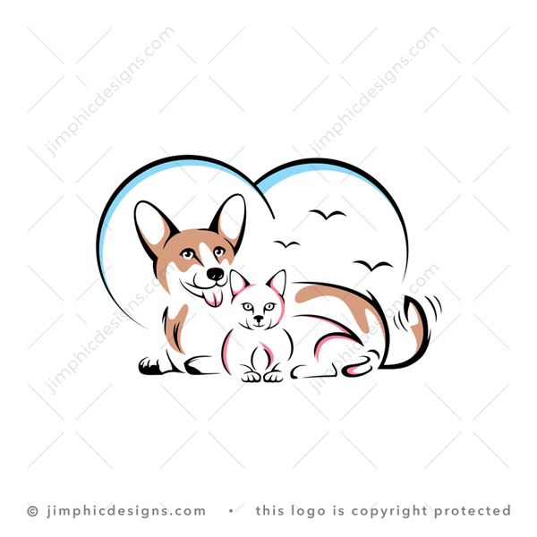 Pets Logo logo for sale: Modern and charming pets lying next to each other with a slight heart graphic in the background.