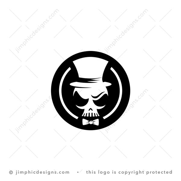 Skull Fashion Logo logo for sale: Sleek skull with a big top hat on his head and a bow tie, looking fashionable.