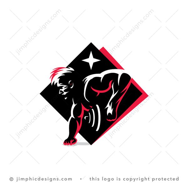 Fitness Logo logo for sale: Modern strong person in a laying position holding heavy weights in his one hand and his other holding up his strong body.