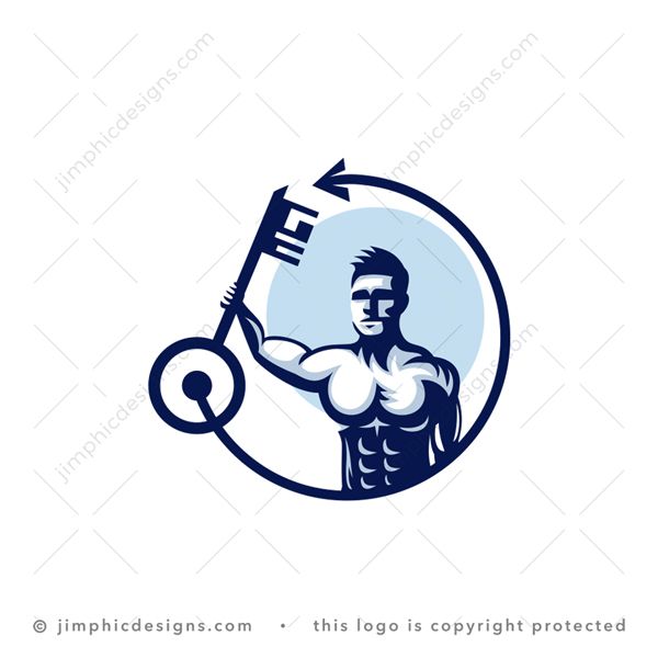 Key Fit Logo logo for sale: Modern and strong person bulking his muscles while holding a key in the air, inside a circle.